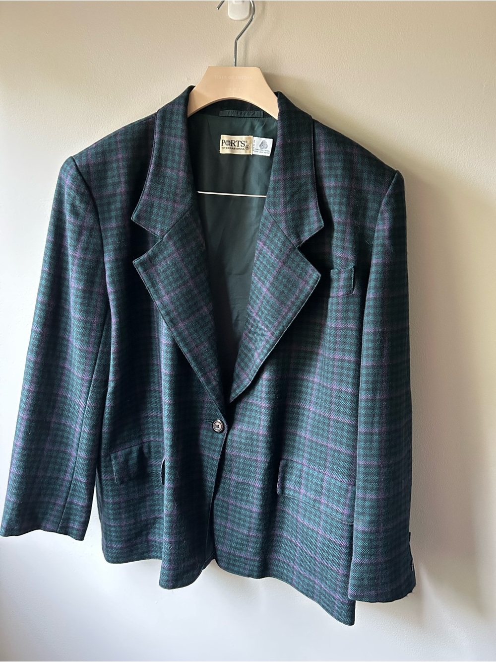 Vtg 90s Ports Women's Green Plaid pure wool Blazer